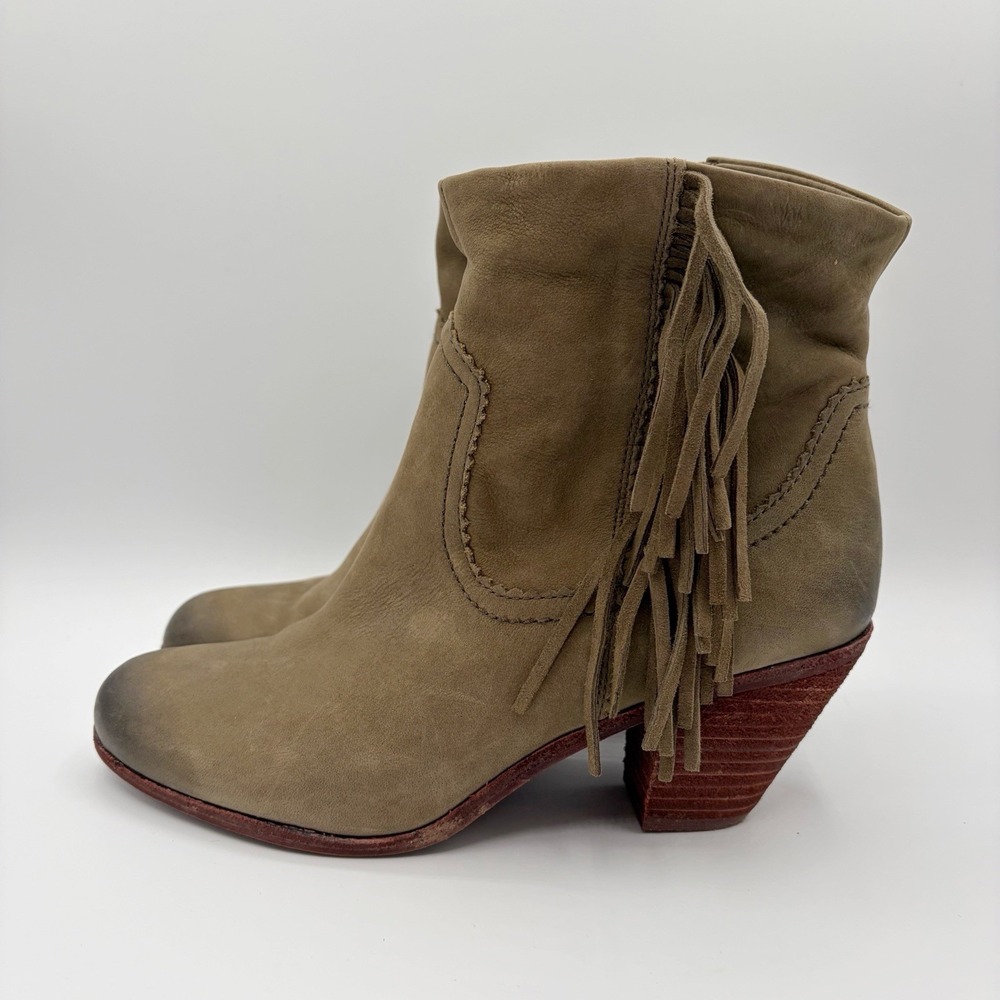 Sam Edelman Louie Women's Leather Fringe Western Booties 9.5 Olive Green Brown